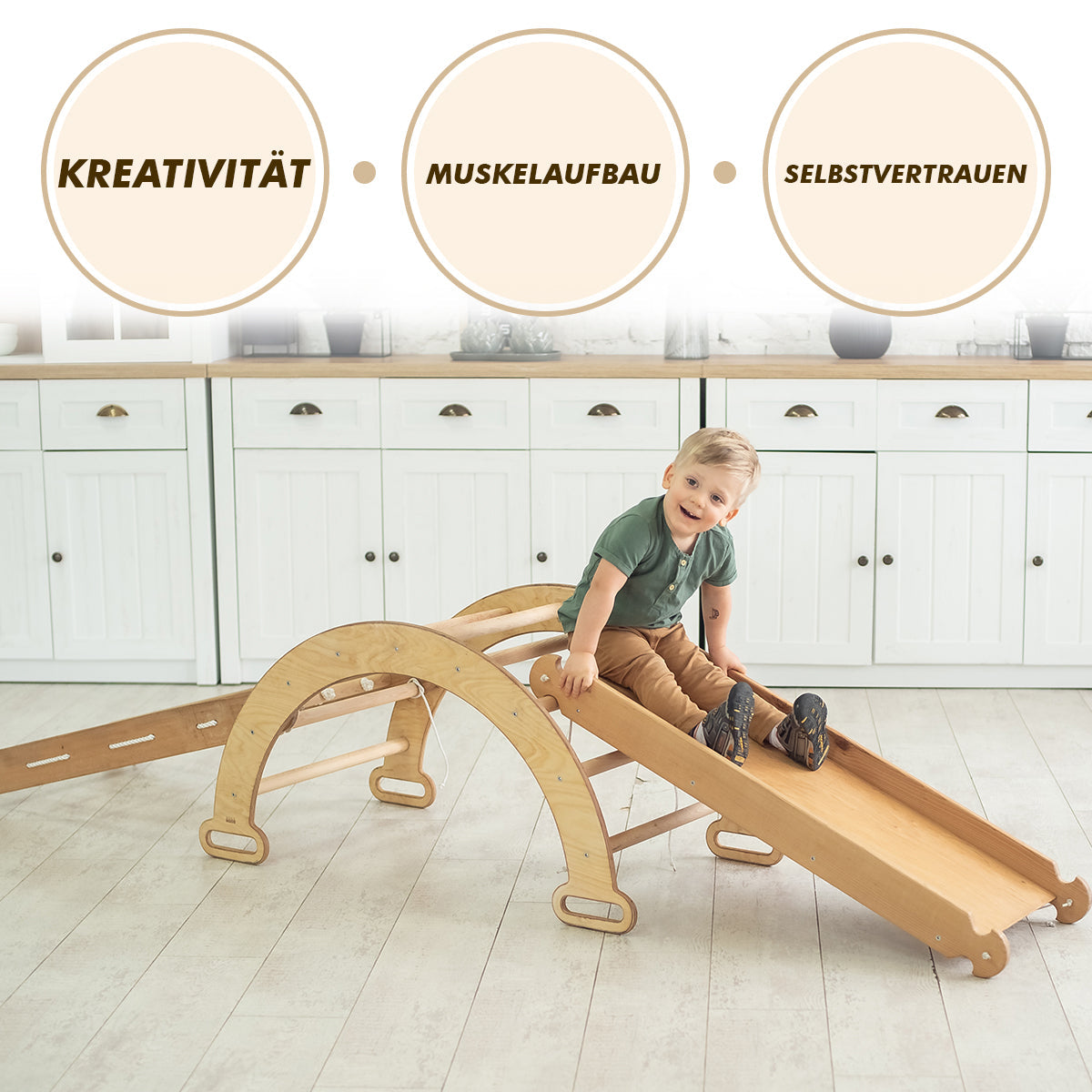 4in1 Montessori Klettergerüst Set: Kletterdreieck mit Rutsche, Kletterbogen mit Kissen, für Kinder 1-7 Jahre – Beige-4