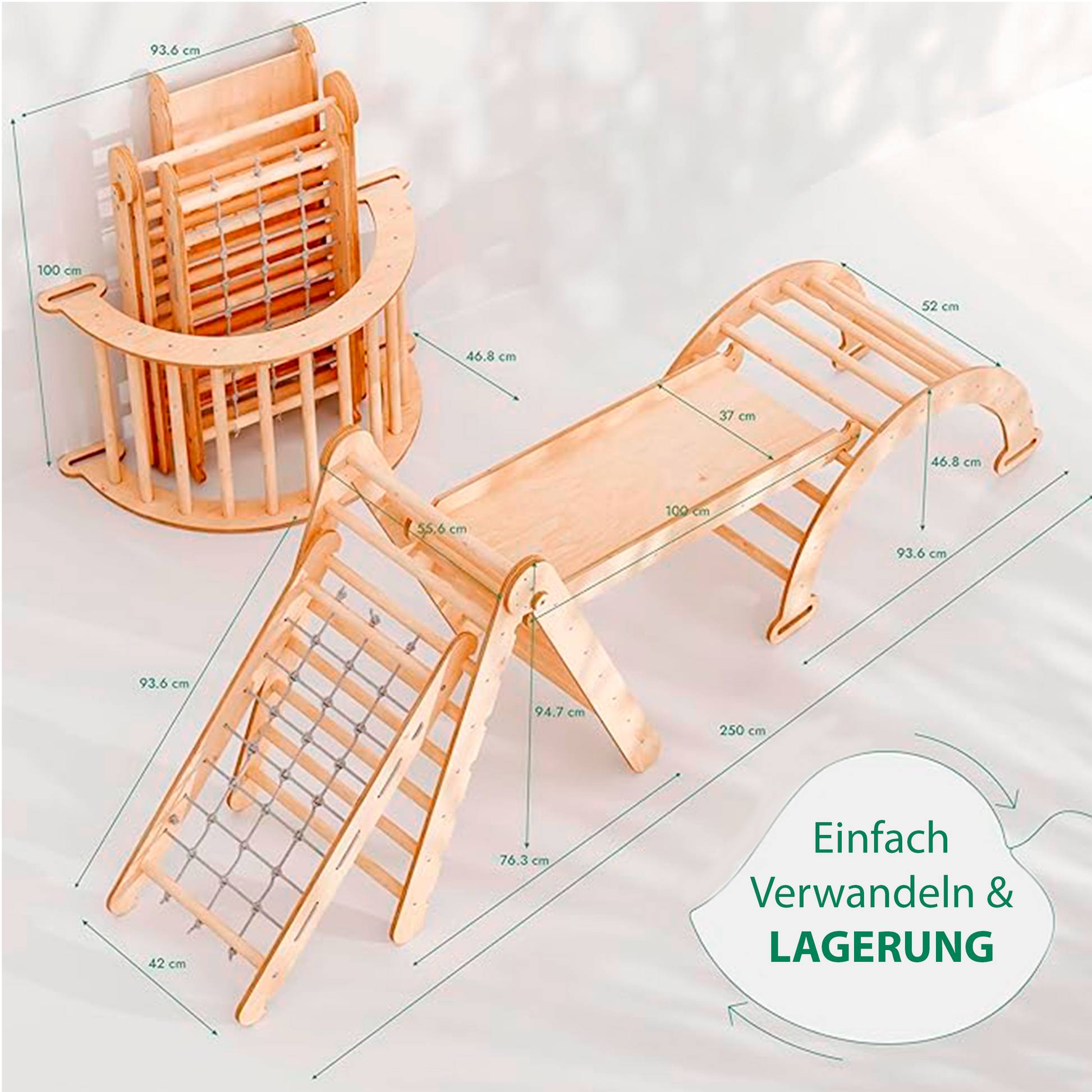 4in1 Montessori Klettergerüst Set: Kletterdreieck mit Rutsche, Kletterbogen mit Kissen, für Kinder 1-7 Jahre – Beige-1