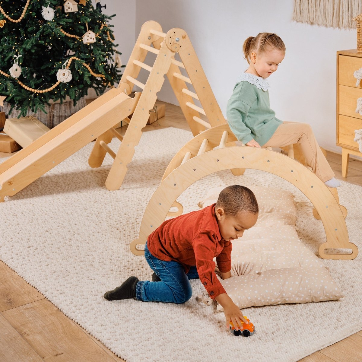 4in1 Montessori Klettergerüst Set: Kletterdreieck mit Rutsche, Kletterbogen mit Kissen, für Kinder 1-7 Jahre – Beige-0