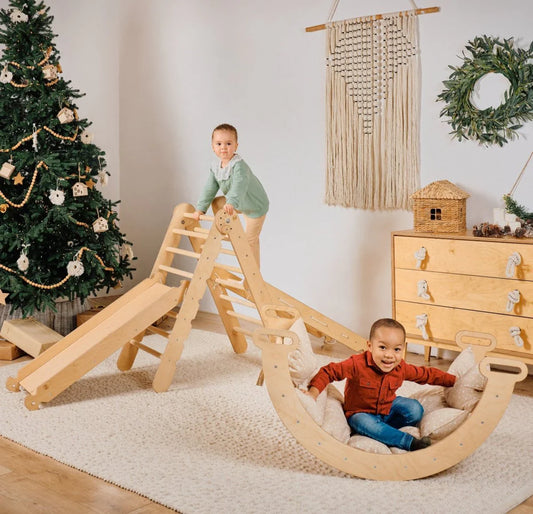 5in1 Montessori Klettergerüst Set: Kletterdreieck mit Rutsche, Kletterbogen, Kletternetz und Kissen, für Kinder 1-7 Jahre – Beige-0