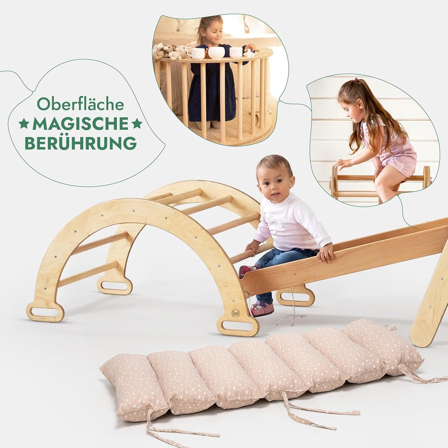 5in1 Montessori Klettergerüst Set: Kletterdreieck mit Rutsche, Kletterbogen, Kletternetz und Kissen, für Kinder 1-7 Jahre – Beige-3