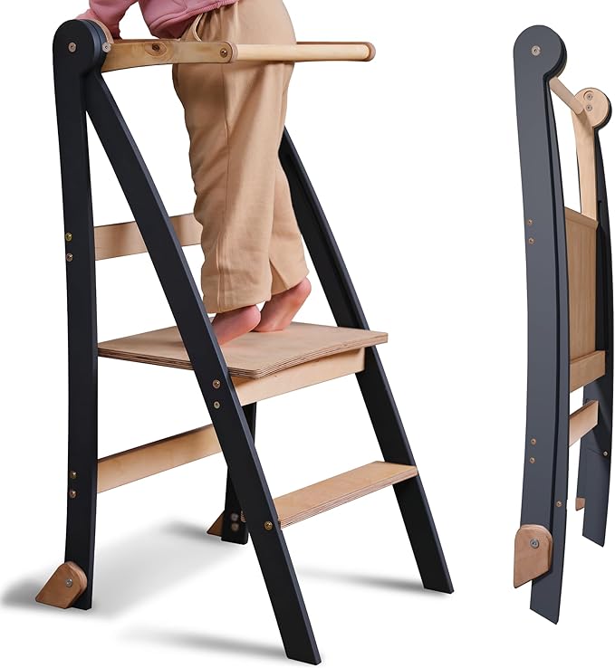 Holz Lernleiter Montessori: Hocker für Kinder - Graphit-0