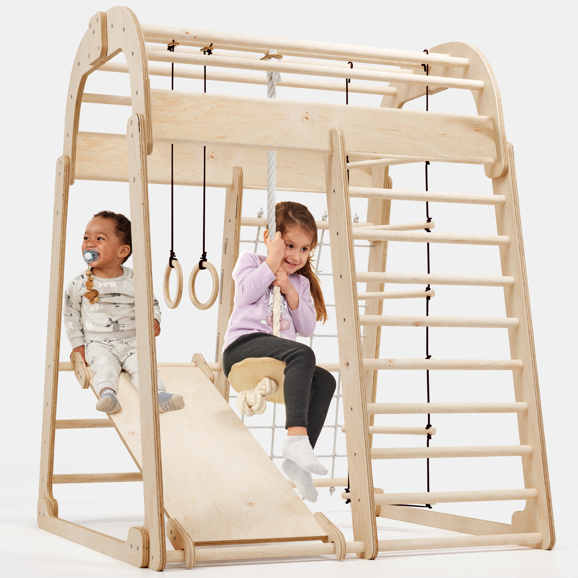 6in1 Indoor Spielplatz für Kinder: Klettergerüst mit Kletternetz, Rutsche, Gymnastikringe, Hängende Leiter und Disc-Schaukel – Beige-0