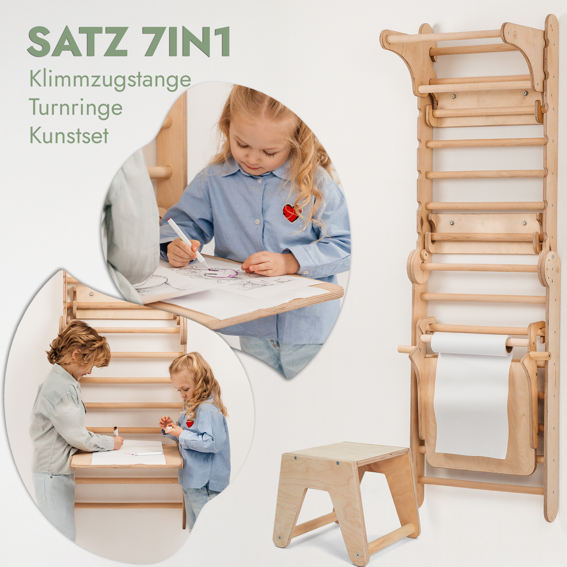 8in1 Kletterwand Indoor: Sprossenwand, Gymnastikringe, Hängende Leiter, Disc-Schaukel, Rutsche, Klimmzugstange, Maltafel und Kinderstuhl für Kinder – Beige-2