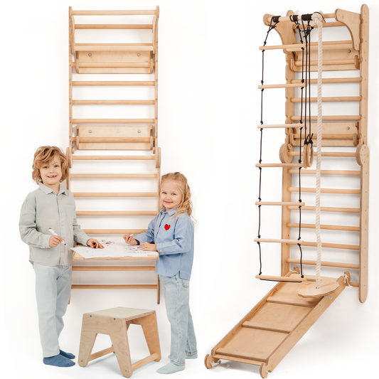 8in1 Kletterwand Indoor: Sprossenwand, Gymnastikringe, Hängende Leiter, Disc-Schaukel, Rutsche, Klimmzugstange, Maltafel und Kinderstuhl für Kinder – Beige-0