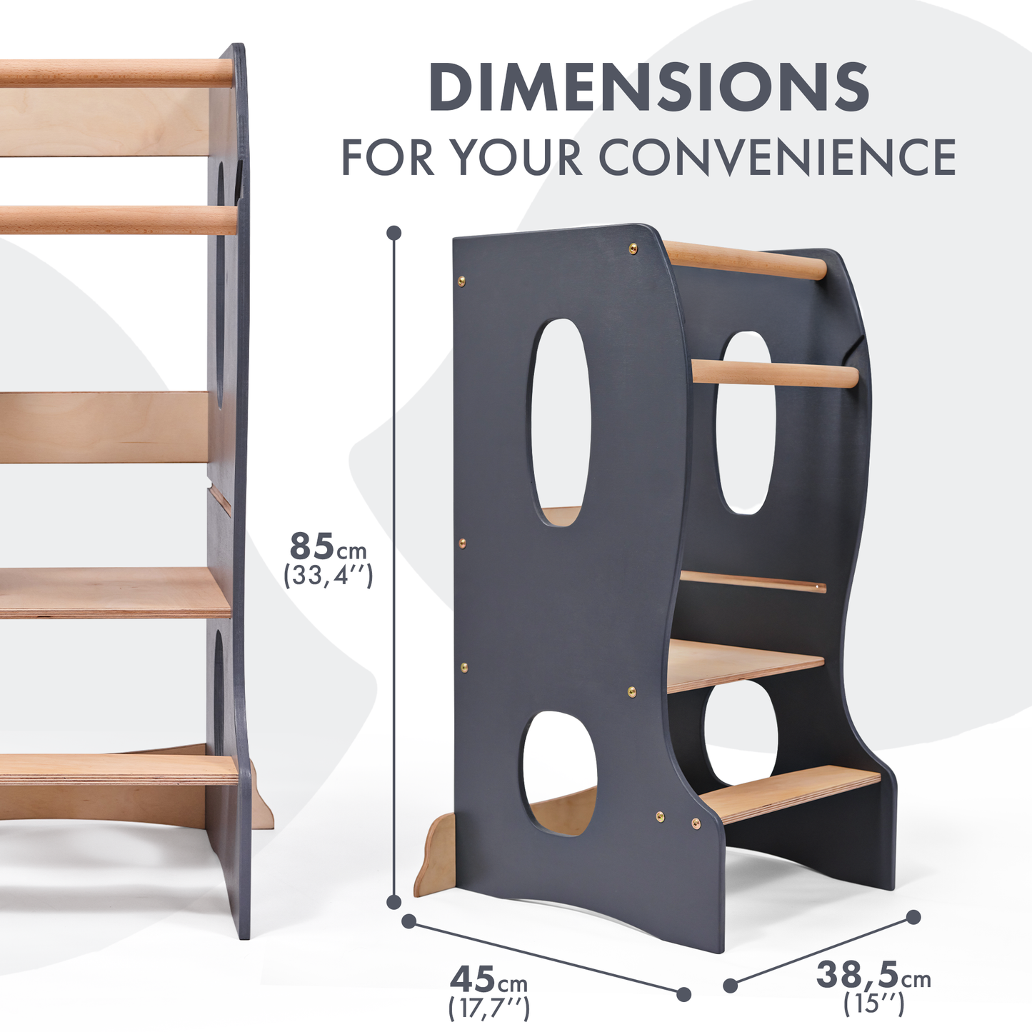 Stabiler Montessori Lernturm: Mitwachsender Kinderstuhl aus Holz – Grau-1