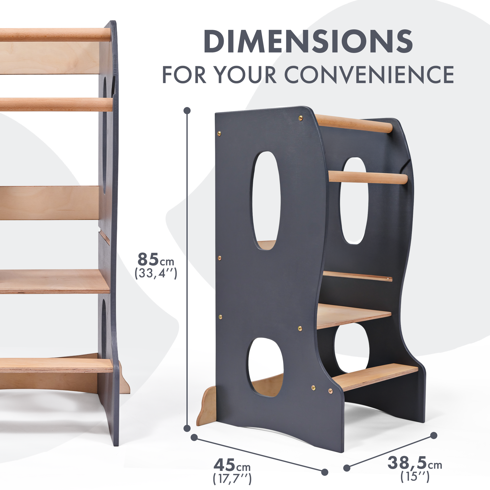 Stabiler Montessori Lernturm: Mitwachsender Kinderstuhl aus Holz – Grau-1