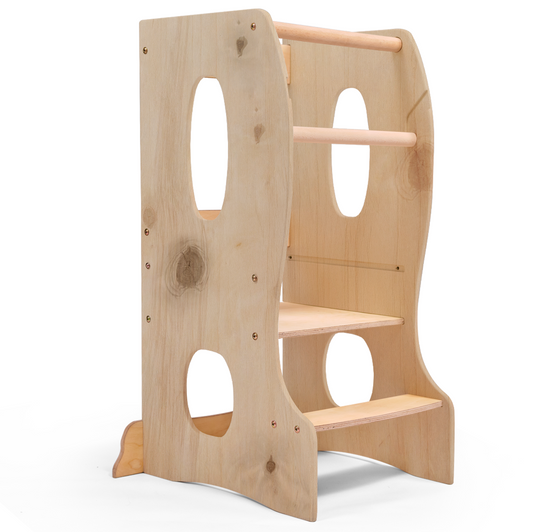 Stabiler Montessori Lernturm: Mitwachsender Kinderstuhl aus Holz – Beige-0