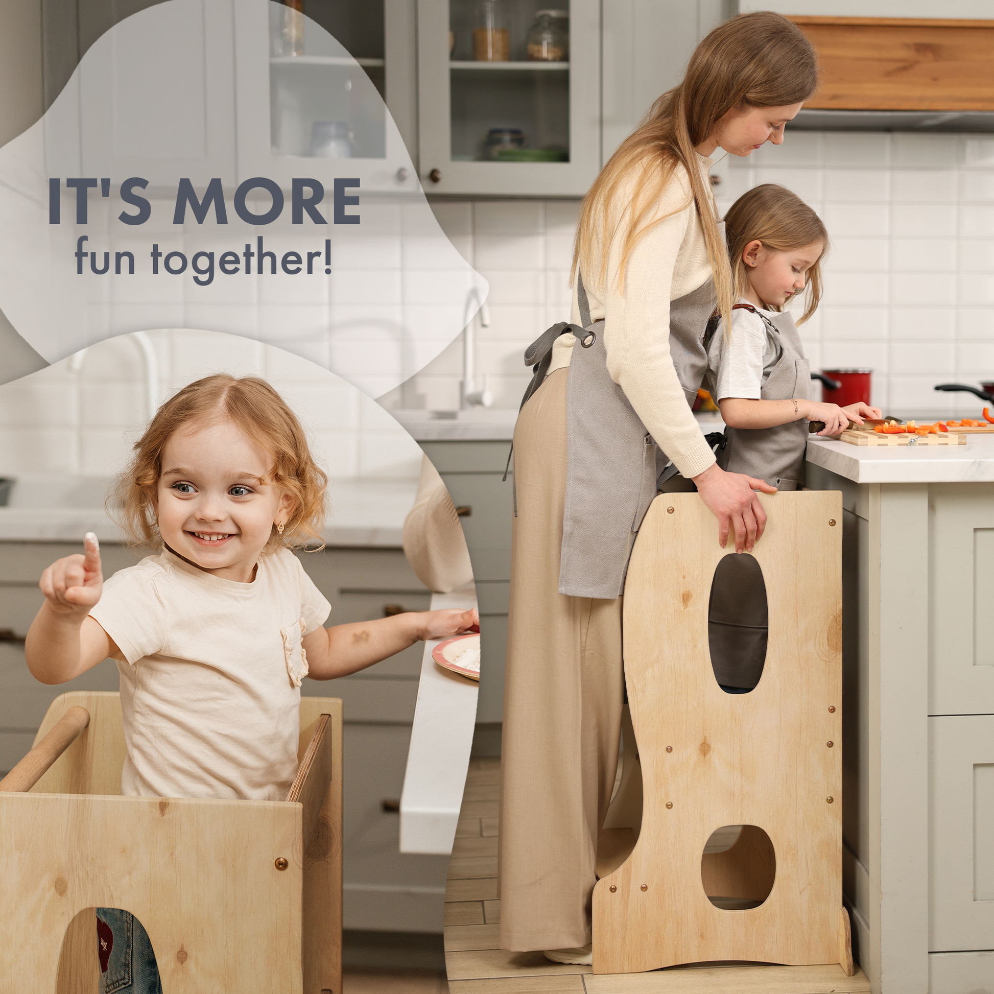 Stabiler Montessori Lernturm: Mitwachsender Kinderstuhl aus Holz – Beige-4