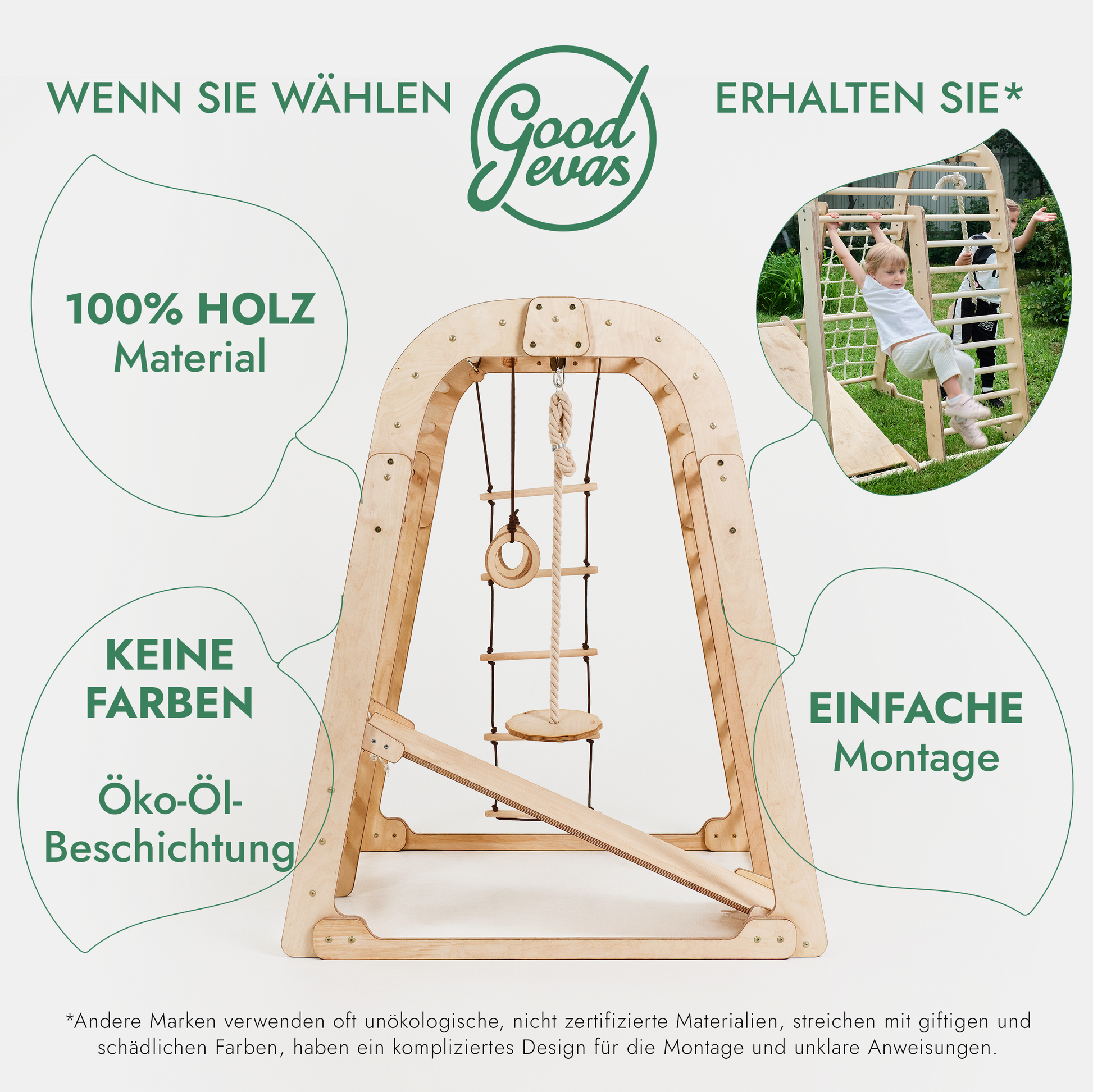 8in1 Indoor Spielplatz: Klettergerüst mit Kletternetz, Rutsche, Gymnastikringe, Hängende Leiter, Disc-Schaukel, Maltafel und Kinderstuhl – Beige-2