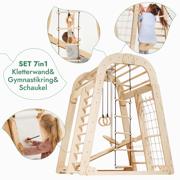 8in1 Indoor Spielplatz: Klettergerüst mit Kletternetz, Rutsche, Gymnastikringe, Hängende Leiter, Disc-Schaukel, Maltafel und Kinderstuhl – Beige-3