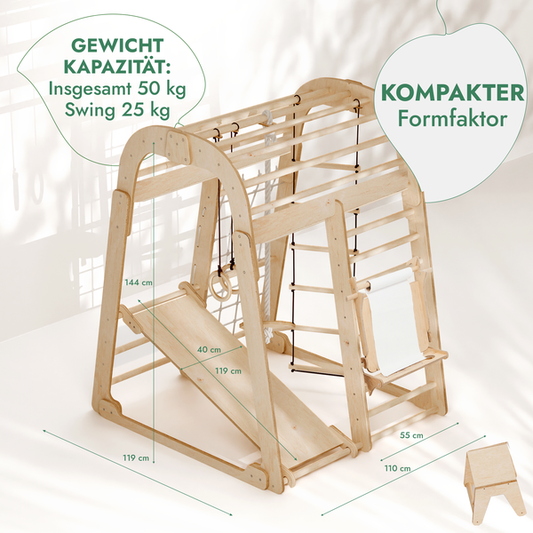 8in1 Indoor Spielplatz: Klettergerüst mit Kletternetz, Rutsche, Gymnastikringe, Hängende Leiter, Disc-Schaukel, Maltafel und Kinderstuhl – Beige-1