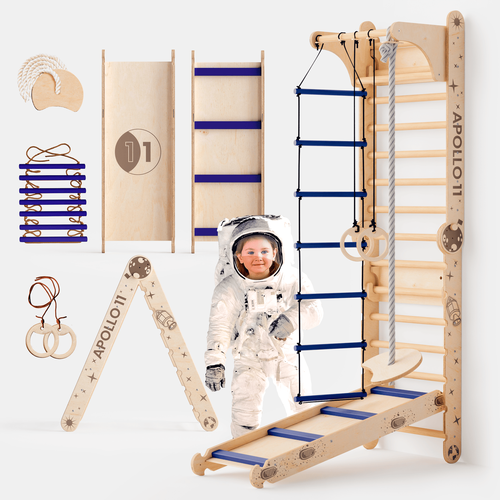 Apollo Schwedische Wand / Kletterleiter für kleine Astronauten + Mondschaukel-Set + Rutschbrett-0